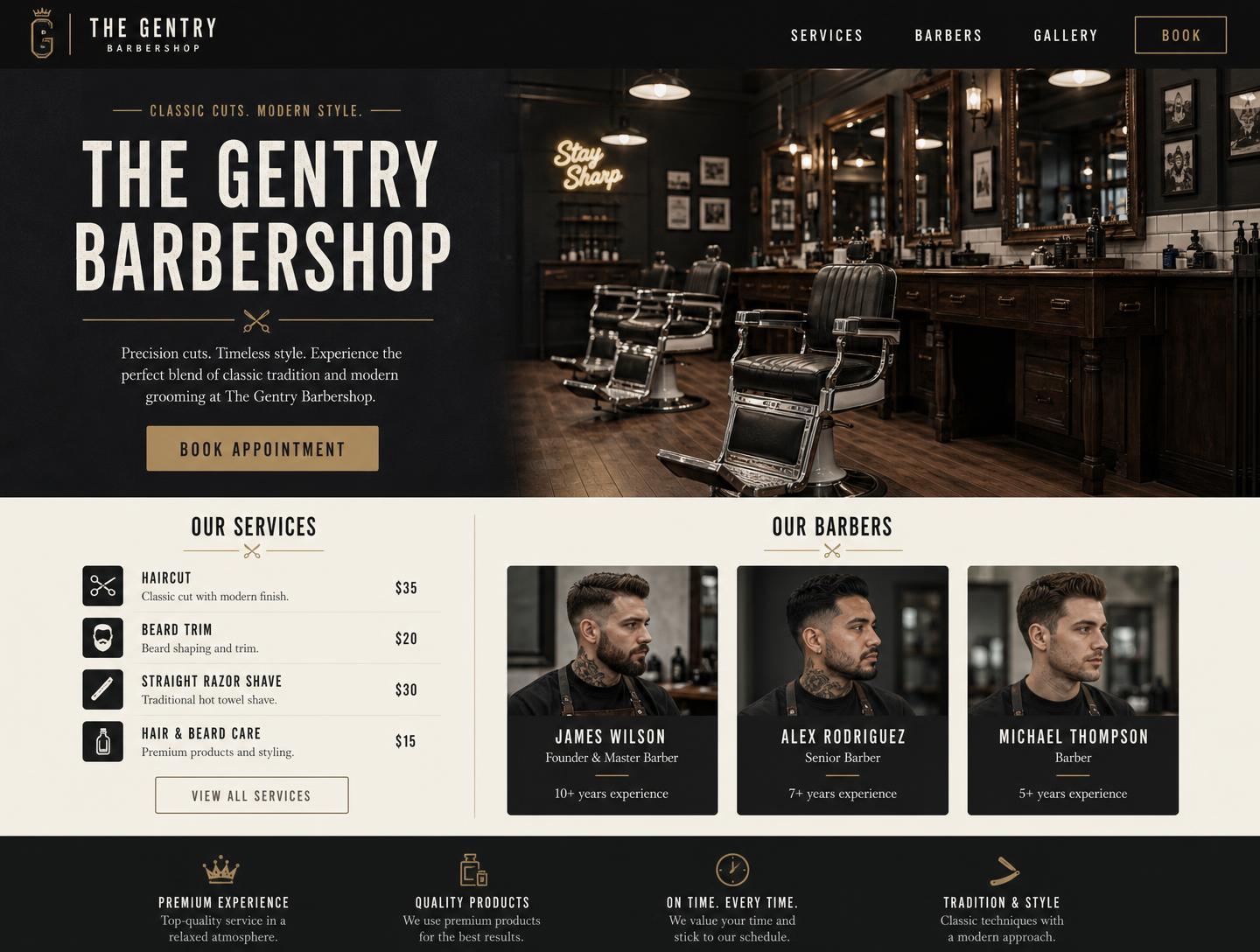 The Gentry Barbershop website concept homepage — Barbershop / Grooming