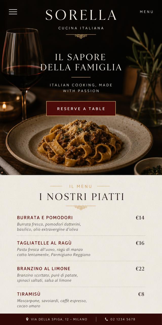 Sorella restaurant website concept on a mobile phone